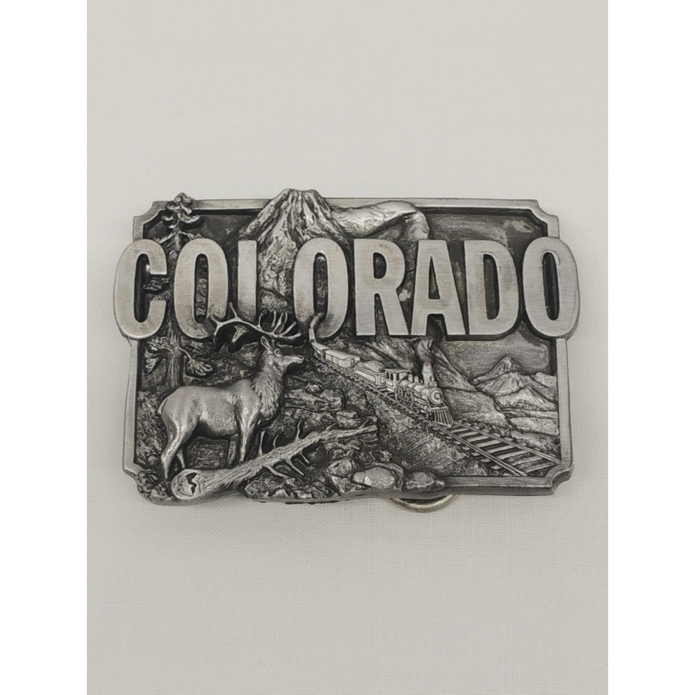 Vintage Siskiyou Pewter Belt Buckle Colorado Train Elk Buck 1983